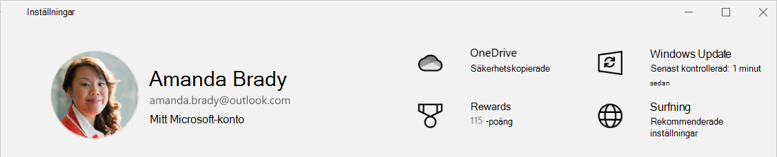 Skärmbild av Inställningar som visar status för Säkerhetskopiering av OneDrive.