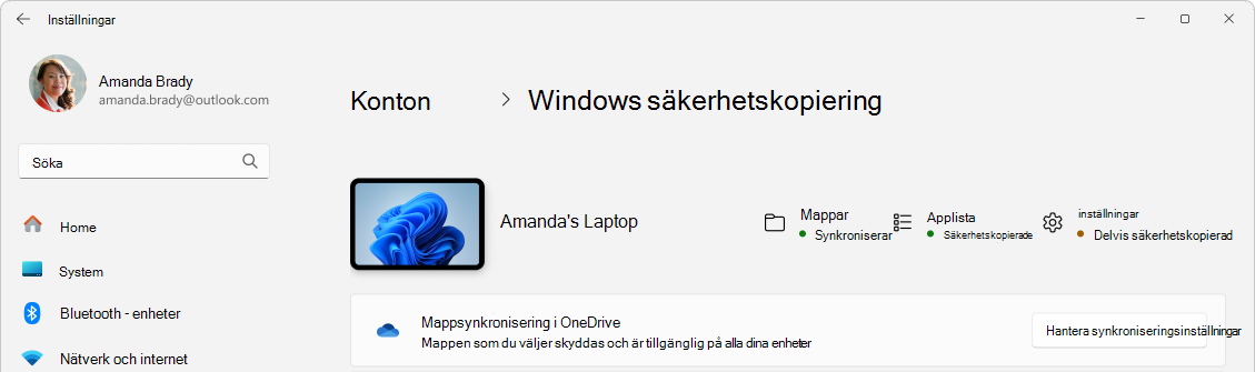 Skärmbild av Inställningar som visar windows säkerhetskopieringsstatus.
