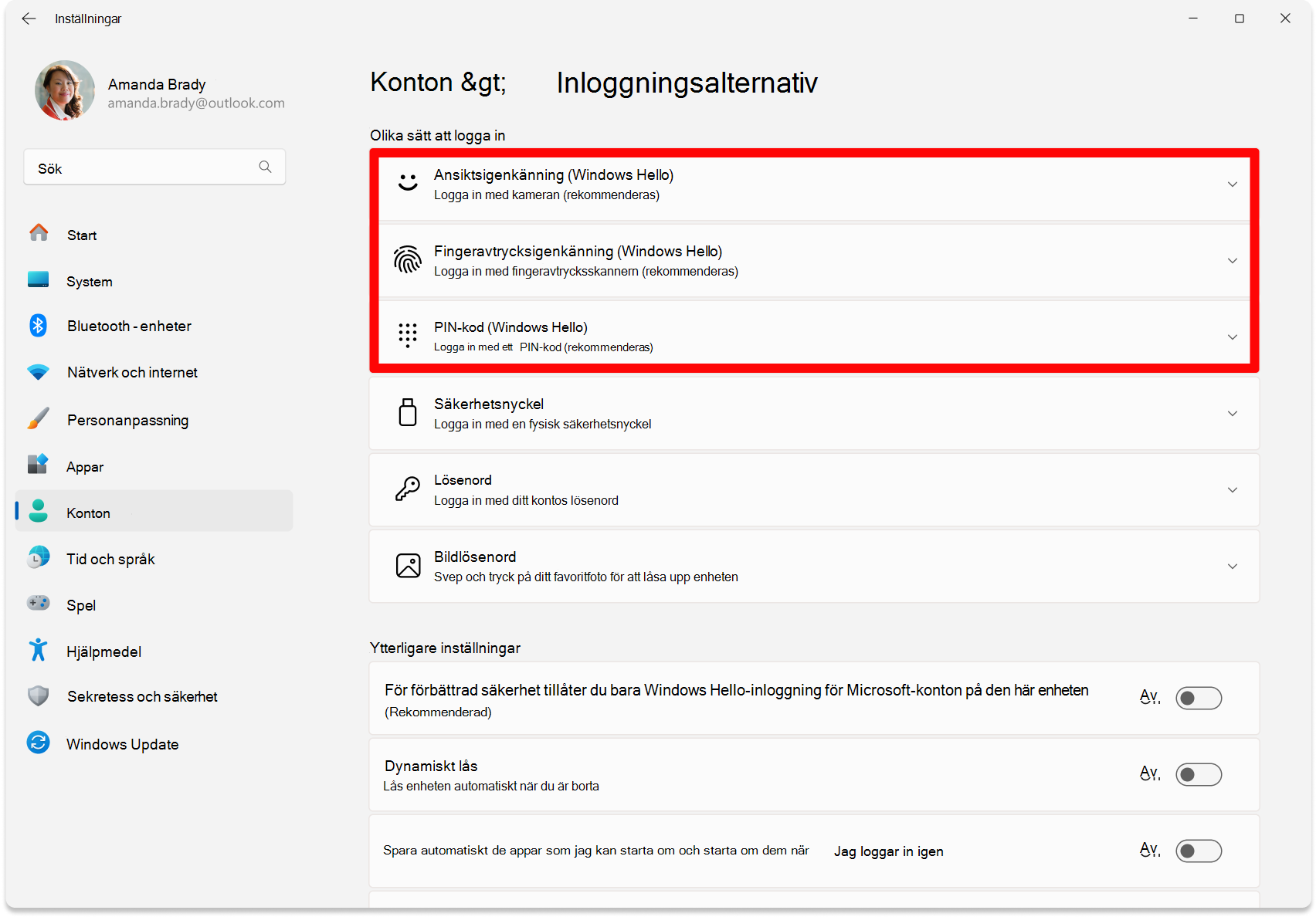 Screenshot of Settings - Options to configure Windows Hello.