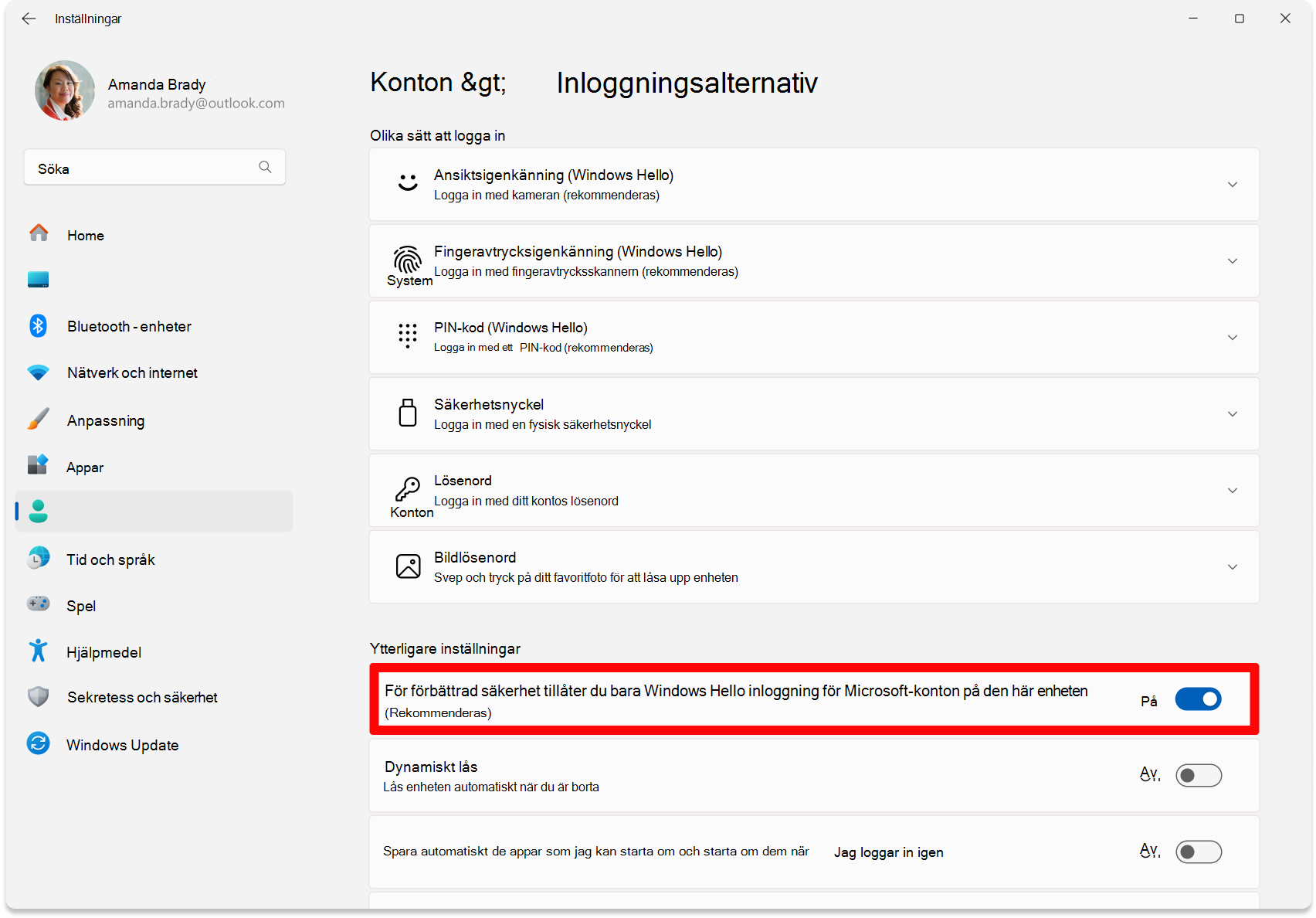 Screenshot of Settings - toggle to configure passwordless turned on.