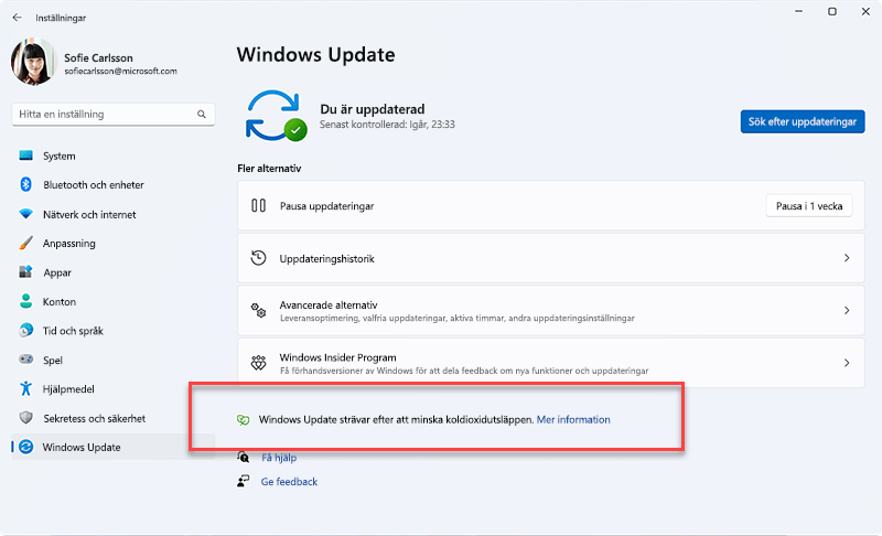 Meddelande som visas i Windows Update när du prioriterar installation av uppdateringar i bakgrunden när du gör det kan leda till lägre koldioxidutsläpp eftersom en högre andel el kommer från koldioxidsnåla källor på elnätet.