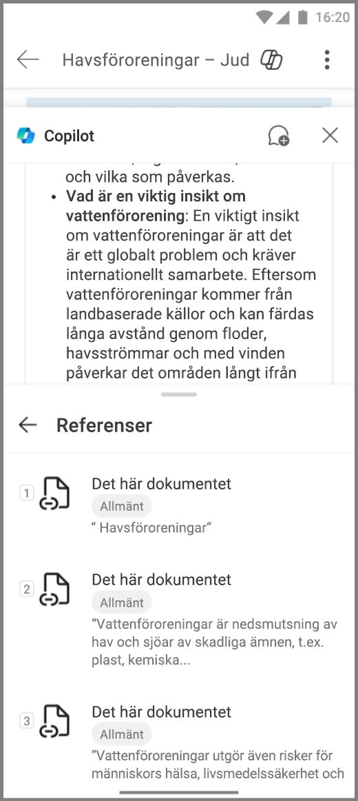 Skärmbild av Copilot i Word på Android-enhet med referenser för Copilots-svar