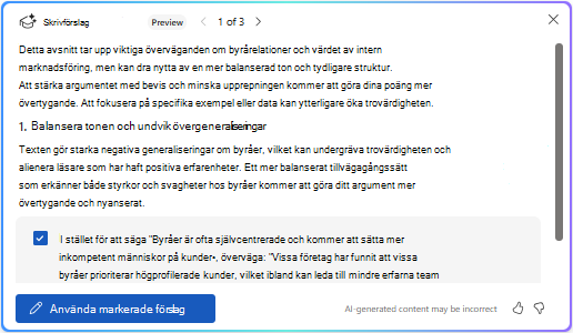 Alternativet Använd markerade förslag i Copilot i Word