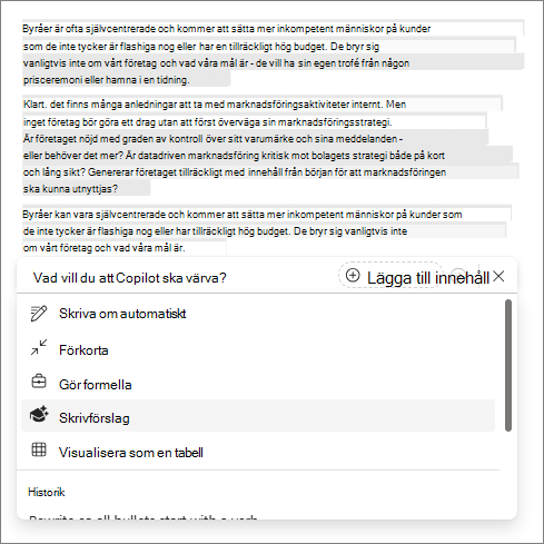 Alternativet Skrivförslag i Copilot i Word
