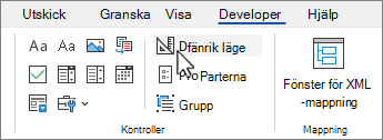 Fliken Utvecklare med knappen Designläge markerad