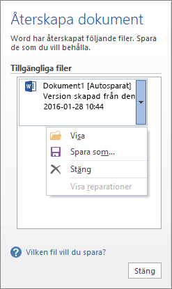 Fönstret Återskapa dokument