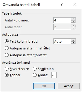 Dialogrutan Omvandla text till en tabell visas.