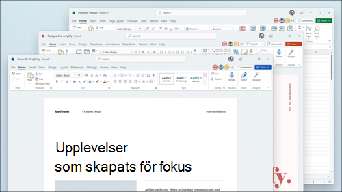 Word, Excel och PowerPoint visas med visuella uppdateringar i menyfliksområdet och rundade hörn för att matcha användargränssnittet i Windows 11.