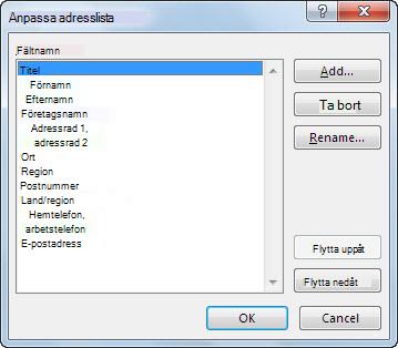 Anpassa dialogrutan Adresslista