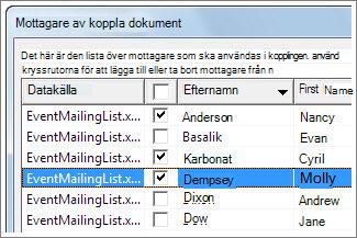 Välj rader genom att markera kryssrutan