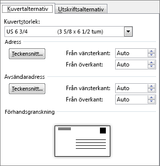 Fliken Kuvertalternativ där du anger kuvertstorlek och teckensnitt för adresserna