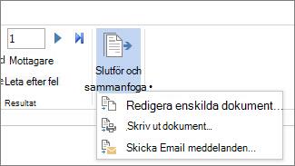 Skärmbild av fliken Utskick i Word med kommandot Slutför & Koppling och dess alternativ.