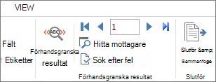 Skärmbild av fliken Utskick i Word med gruppen Förhandsgranska resultat.