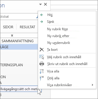 Alternativ för rubriker i högerklicksmenyn i navigeringsfönstret
