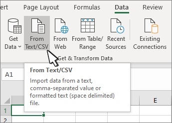 Välja text/CSV från fliken data