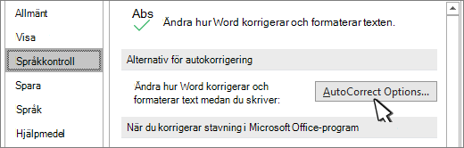 Alternativknappen Alternativ för autokorrigering i dialogrutan Språkkontroll