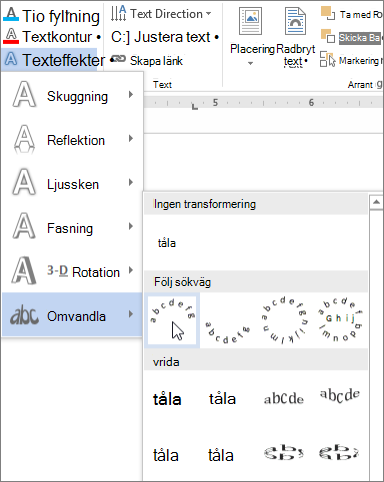 Välja en böjd transformeringseffekt för text