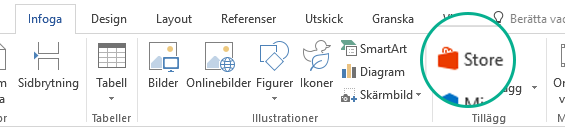 Installera Office-tillägg med Store-knappen på fliken Infoga i menyfliksområdet i Office