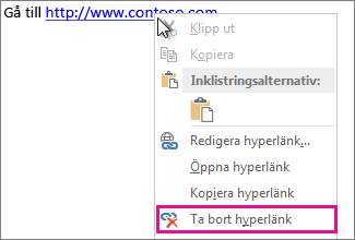 Ta bort hyperlänk på snabbmenyn