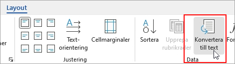 Alternativet Konvertera till text är markerat på fliken Layout.
