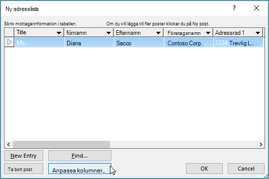 Om du vill lägga till anpassade kolumner i dokumentkopplingslistan klickar du på Anpassa kolumner.