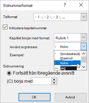 Välja formatmallar för kapitelnummer