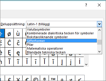 Välj Sifferformer i dialogrutan Delmängd för att visa bråktal och andra matematiska symboler