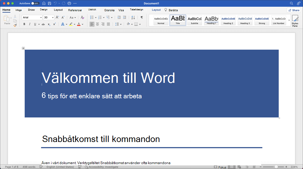 Word 2021 för Mac-fönster med mallen Ta en rundtur öppen