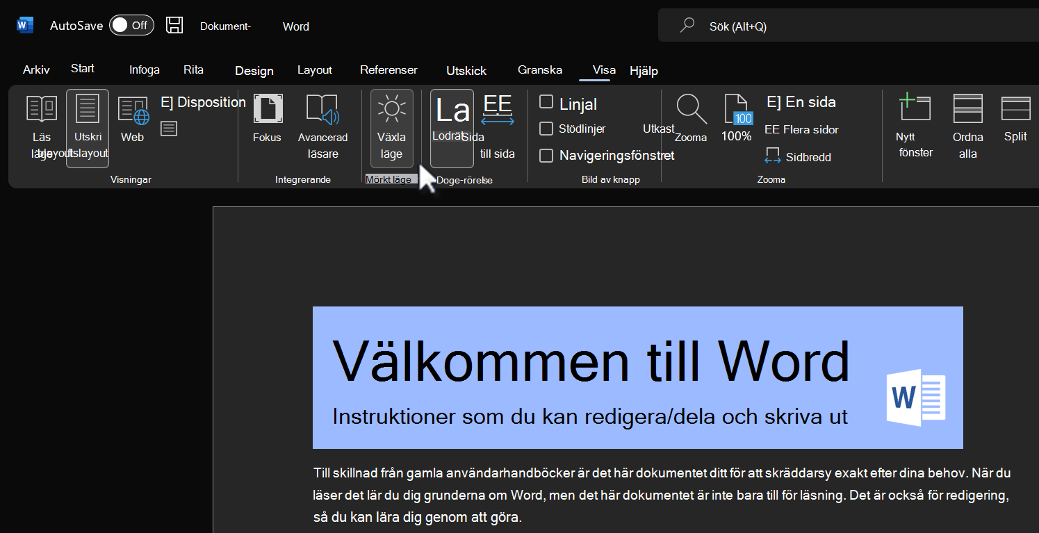 Byt läge för funktionen Mörkt läge.