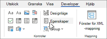 Fliken Utvecklare med knappen Kontrollegenskaper markerad
