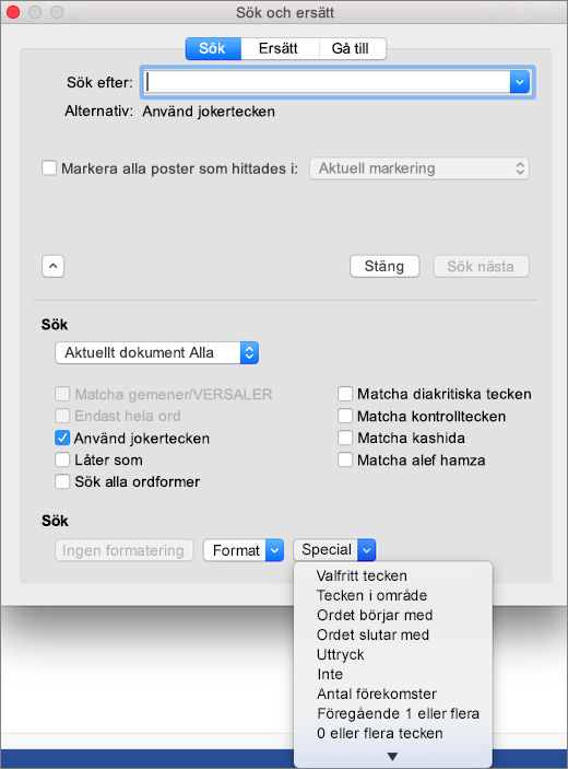 Använda jokertecken i dialogrutan Sök och ersätt