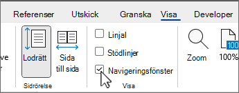 Word navigeringsfönstret med kryssrutan markerad