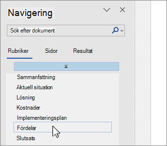 Sidval för Word navigeringsfönster