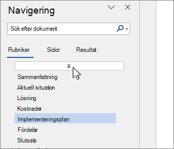 Word navigeringsfönstret överst i dokumentmarkeringen