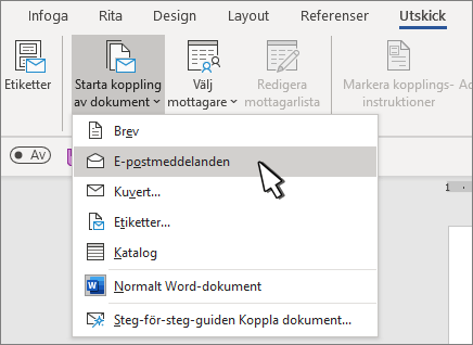 Starta koppling av dokument med E-postmeddelanden markerat