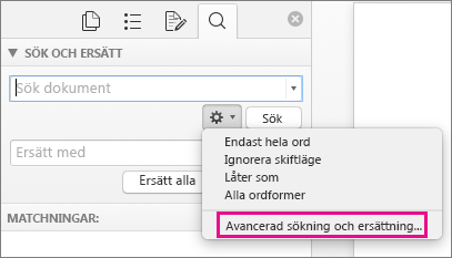 Avancerad Sök och ersätt är markerat i rutan Sök och ersätt