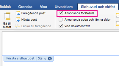 Inställningen Annorlunda förstasida är markerad på fliken Sidhuvud&sidfot.