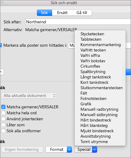 Sök efter specialtecken