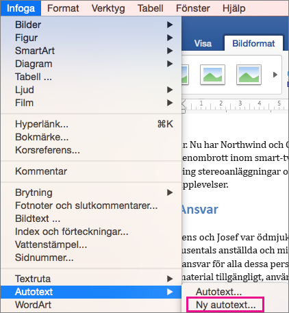 Infoga-menyn med Autotext > Nytt är markerat.