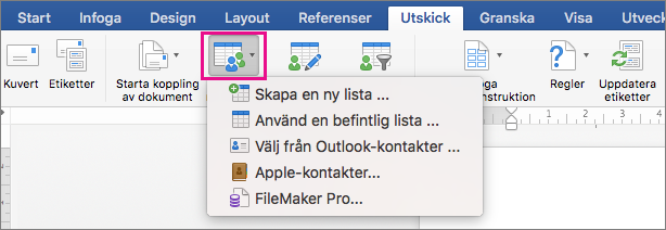 Välj mottagare är markerat på fliken Utskick, med en lista med alternativ
