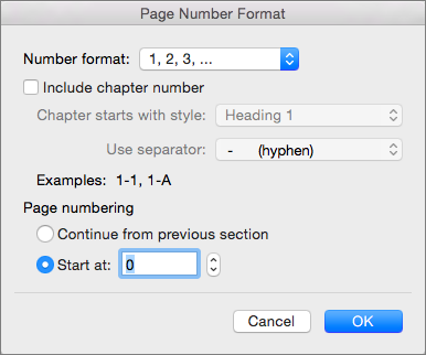 Välj numreringsformat och startnummer i Sidnummerformat.