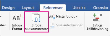 Knappen Slutkommentar på fliken Referenser är markerad