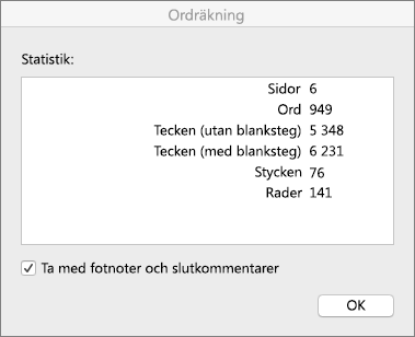 Dialogrutan Räkna ord
