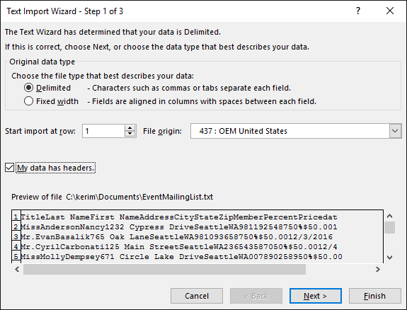 Excel, Hämta externa data från text, Textimportguiden, steg 1 av 3