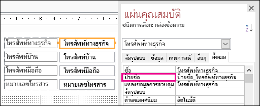 คุณสมบัติชื่อของป้ายชื่อที่แสดงในแผ่นคุณสมบัติ