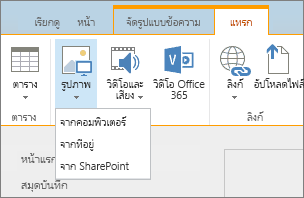 สกรีนช็อตของ Ribbon ของ SharePoint Online ให้เลือกแท็บแทรก แล้วเลือกรูปภาพเพื่อเลือกว่าจะอัปโหลดไฟล์จากคอมพิวเตอร์ ที่อยู่เว็บ หรือตำแหน่งที่ตั้ง SharePoint ของคุณ