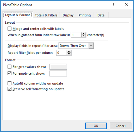 กล่องโต้ตอบตัวเลือก PivotTable
