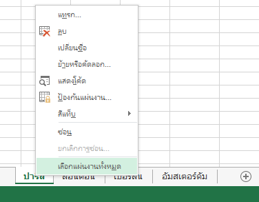 บนเมนูที่ปรากฏเมื่อคลิกขวา ได้เลือก เลือกแผ่นงานทั้งหมด แล้ว