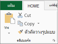 ปุ่ม คัดลอกและวาง บนแท็บ หน้าแรก