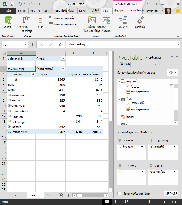 PivotTable ที่กรองแล้ว